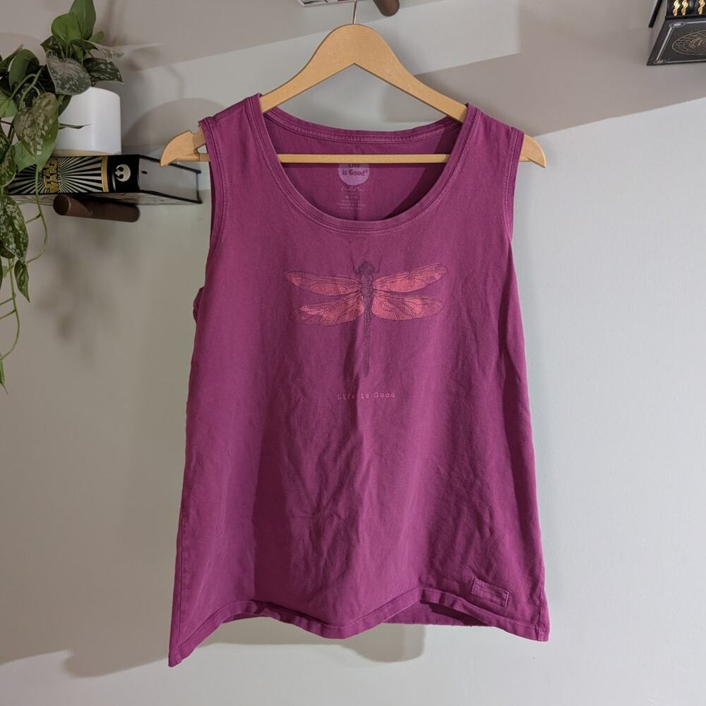Life is Good | Dragonfly Crusher Tank Top Burgundy Purple Graphic | Women's L